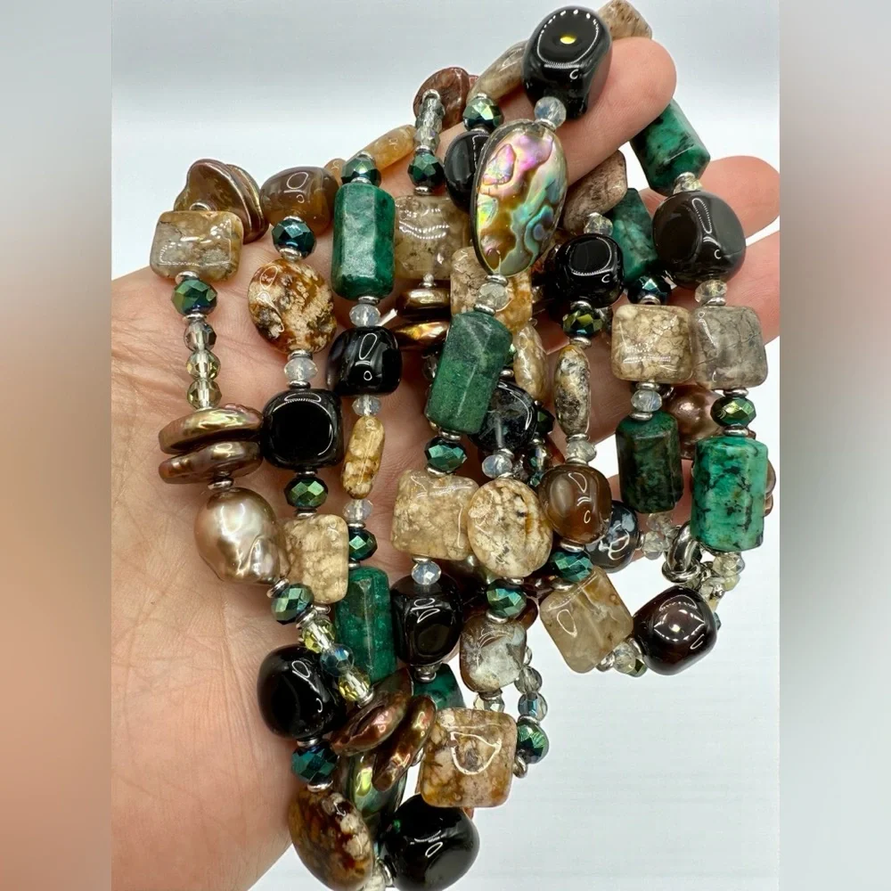 Three-Strand Multi-Gemstone Flameball Pearl Shell & Crystal Necklace 18” 20” 22” - Picture 7 of 17